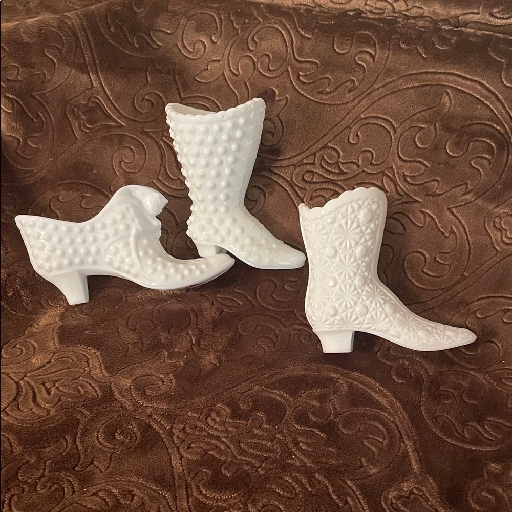 Fenton white milk glass shoes.